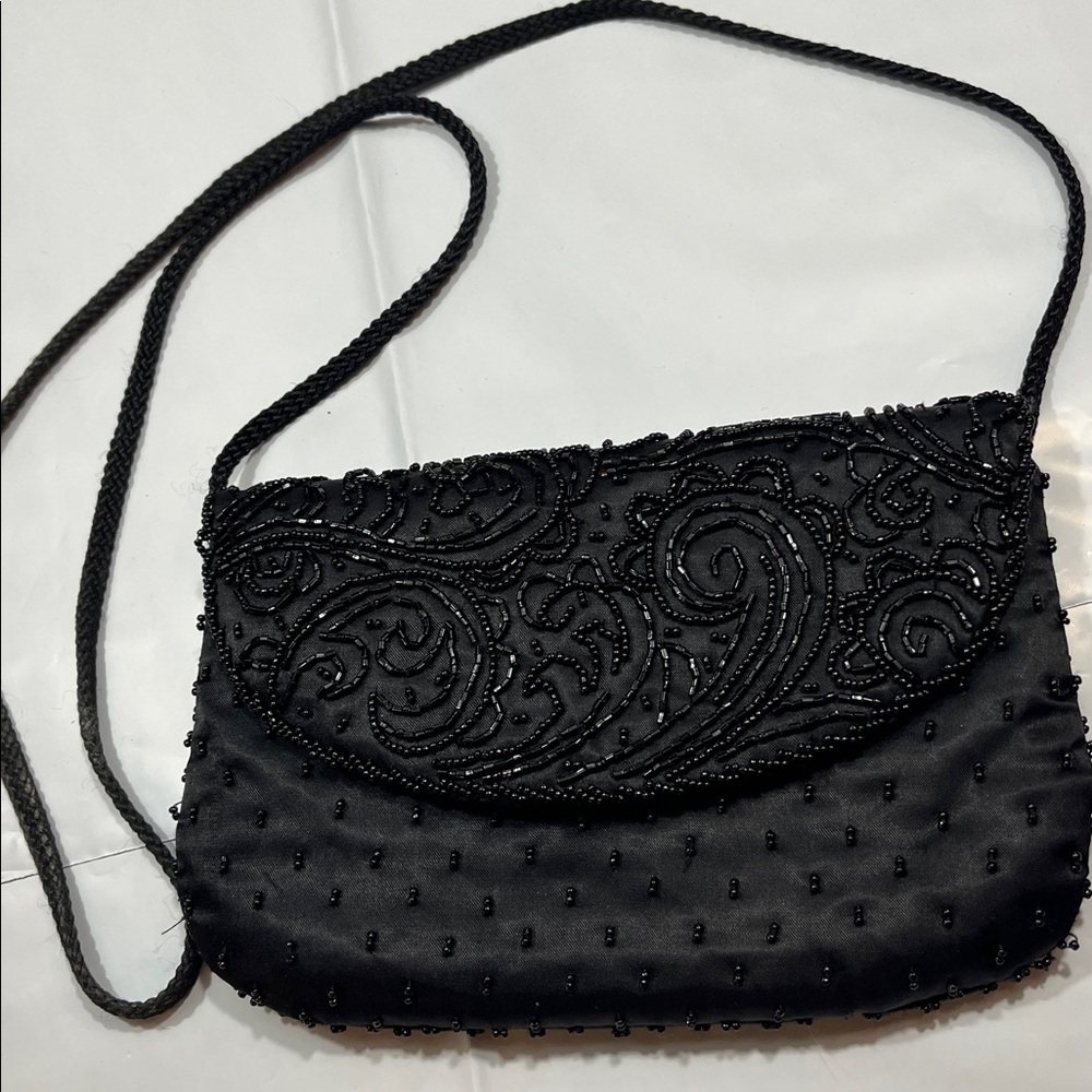 La Regale BLACK satin rhinestone bling Purse crossbody shoulder strap formal bag